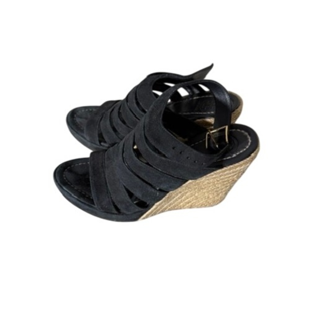 Tory Burch Black Suede Strappy Espadrille Wedge Sandals 7.5M 1407 C17